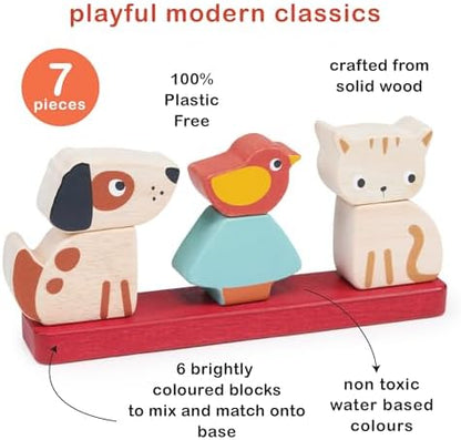 Mentari Interactive Pet Stacker Toy, 6-Piece Set, Kitten, Puppy, Bird, Base Board with Pegs