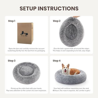 Donut Dog Bed Medium Size Dog 30 Inch, Round Cat Beds for Small Medium Dogs and Cats with Washable Fluffy Faux Fur, Cute Comfort Pet Bed with Anti-Slip Bottom, Grey
