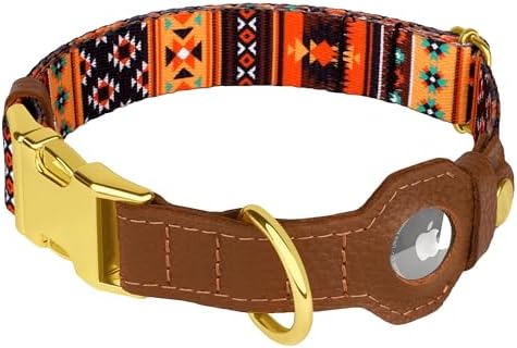 AirTag Dog Collar for Small Medium Large Breed - Adjustable Cute Pattern Dog Collar with Airtag Holder - Soft Leather Tracker GPS Apple Air Tag Pet Collars (Large, 17"-21" Neck Fit, Western)