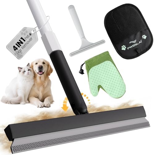 Carpet Rake for Pet Hair Removal Tool - 4 in 1 Pet Hair Remover Kit for Dog Cat Fur Remover, Contain 60" Adjustable Rubber Broom, Glove, Magic Brush and Scraper for Furniture (Black)