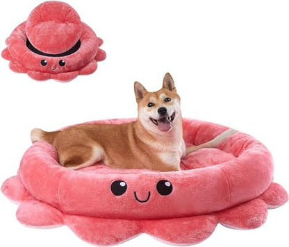 Jiupety Cute Calming Dog Beds Clearance for Large and Extra Dogs, Anxiety Bolster Dog Bed with Octopus Shape, Pink, Red, XL, Boho, Round Pet Bed Cat with Removable Cushion