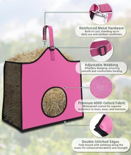 Hay Feeder for Goats and Horses - Slow Feed Design, Heavy Duty Hanging Hay Bag for Barn, Trailer & Paddock, Easy to Hang & Clean(2pcs, Pink)