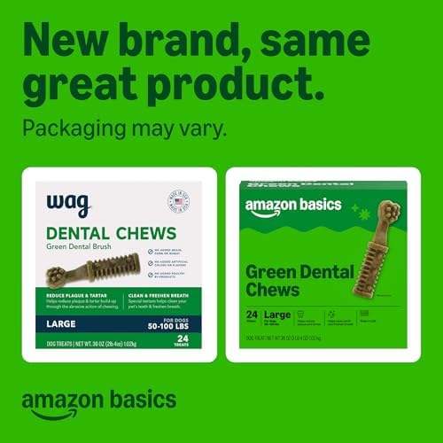 Amazon Basics Dental Dog Treats to Help Clean Teeth & Freshen Breath for Large Dogs, Unflavored, Per Pack: 24 Count, 2.25 pounds (Previously Wag)