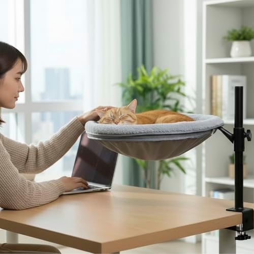 Cat Bed for Desk, 360 Rotating Elevated Hammock, All-Season Mesh & Fleece Office Pet Perch Set with Blanket and Hair Remover Brush