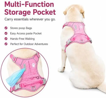 PawWave No Pull Dog Harness with Built-in Hidden AirTag & GPS Tracker Holder, Reflective Adjustable Escape-Proof Vest Harness for Small & Medium Dogs (Pink, XL)