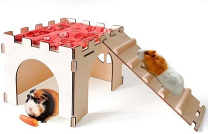 Guinea Pig Hideout,Large Wooden Guinea Pigs House with Stairs and Mats,Detachable Guinea Pig Castle Hide for Small Animals Hamster Chinchilla Ferret Habitats Accessories
