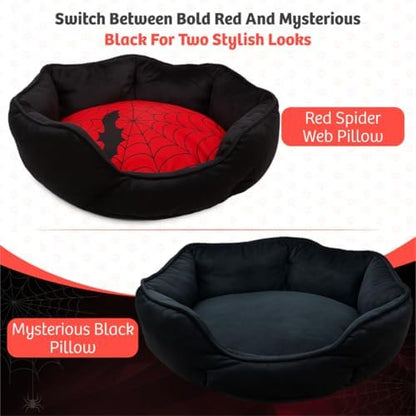 Gothic Cat Bed, 20 Inches Reversible Red and Black Cat Bed for Indoor Cats, Super Soft Plush Pet Bed with Cozy Spider Web Pillow and Secure Non-Slip Bottom