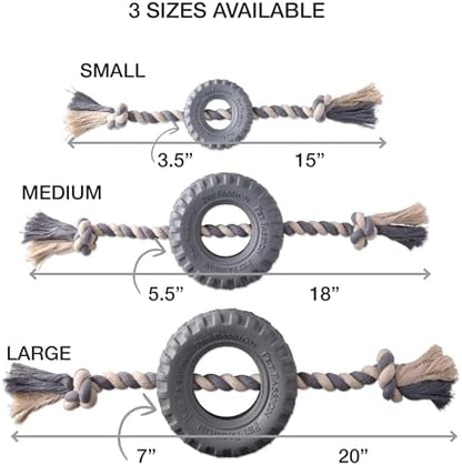 Pet Passion Natural Rubber Tire and Organic Cotton Rope Pull and Chew Dog Toy for All Pet Breeds, Gray, Small