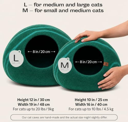 MEOWFIA Cat Cave - Merino Wool Bed for Indoor Cats (Emerald, Large)
