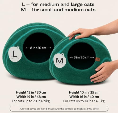 MEOWFIA Cat Cave - Merino Wool Bed for Indoor Cats (Emerald, Medium)