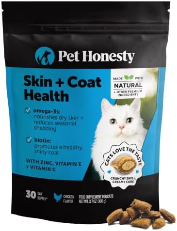 Cat Skin & Coat Supplement Crunchy Creamy Chews - Salmon Oil for Cats Omega 3 Itchy Dry Skin Relief - Feline Shedding Control - Biotin Vitamins for Indoor Cats Shiny Soft Coat (30-Day Supply)