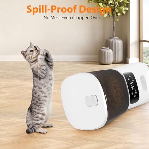Automatic Cat Feeder, Cat Food Dispenser with Stainless Steel Bowl, Timed Portion Control 20 Portions 6 Meals Per Day, Voice Recorder, Dual Power Supply for Small Dogs (White)