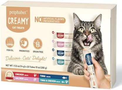 PETPHABET Lickable Cat Treats Squeeze, 4 Flavors Variety Pack 20 Tubes