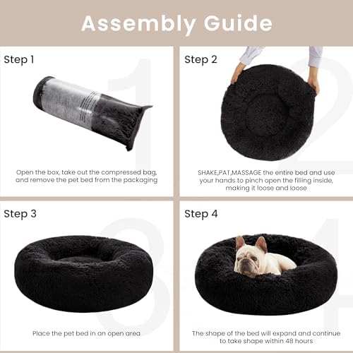 Love's cabin Calming Cat Bed for Indoor Cats, Anti-Anxiety Donut Round Dog Bed,Fluffy Faux Fur Washable Pet Bed for Small Medium Dogs and Cats, Black, 24in