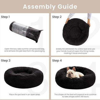 Love's cabin Calming Cat Bed for Indoor Cats, Anti-Anxiety Donut Round Dog Bed,Fluffy Faux Fur Washable Pet Bed for Small Medium Dogs and Cats, Black, 24in