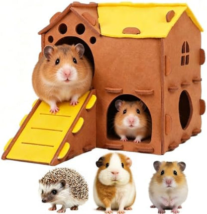 Felt Guinea Pig Hedgehog Hamster Ferret House, 2 Layer with Window Slider, Cozy Small Animal Hideout