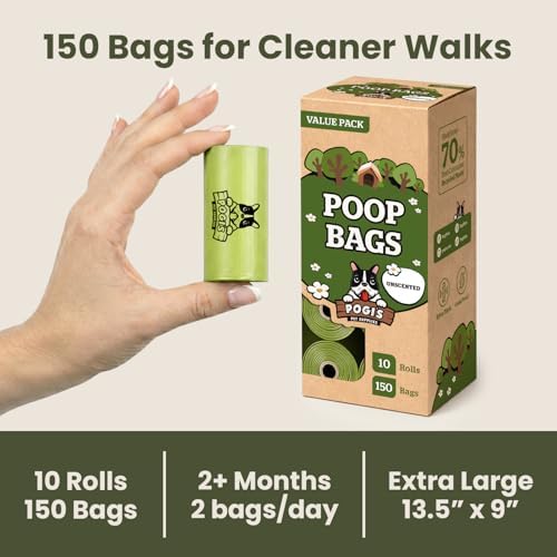 Pogi’s Dog Poop Bags – Leak-Proof & Extra Thick Pet Waste Bags (Unscented, 10 Rolls, 150-Count)