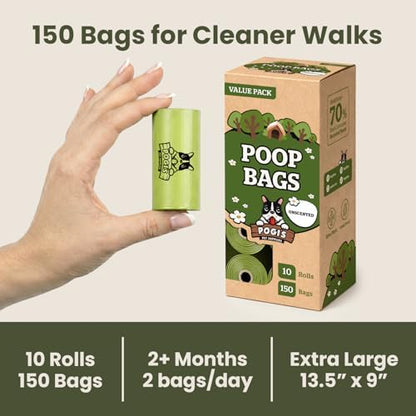 Pogi’s Dog Poop Bags – Leak-Proof & Extra Thick Pet Waste Bags (Unscented, 10 Rolls, 150-Count)