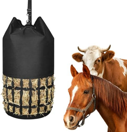 Hay Bags for Horses Slow Feed, Cylindrical Hay Net with Rounded Diamond Mesh, Durable Oxford Horse Hay Feeder Bag with Drawstring Top & Adjustable Strap for Goats Donkeys Livestock