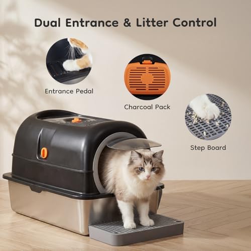OLIXIS Stainless Steel Enclosed Litter Box with Lid, High Sided