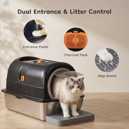 OLIXIS Stainless Steel Enclosed Litter Box with Lid, High Sided