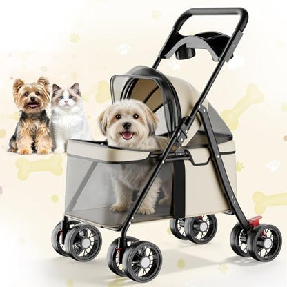 GTPLAYER Foldable Pet Stroller for Small Dogs and Cats, Holds Up to 33 lb, 4-Wheel Stroller with 2 Safety Tethers, Breathable Mesh, Lockable Front Wheels, Cup Holder/Tray & Storage Pocket, Beige