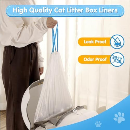 Self Cleaning Cat Litter Box Liner - 60 Counts, Drawstring Cat Litter Waste Container Bags for Self-Cleaning Litter Boxes, Durable, Tear-Resistant, Liquid-Tight
