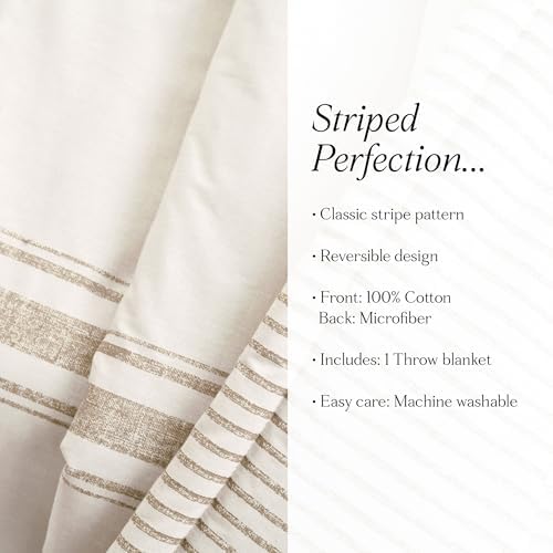 Lush Decor Farmhouse Stripe Reversible Throw, Single, 50" W x 60" L, Neutral - Beige Throw Blanket For Bed - Soft Blanket - Couch Throw - Rustic Farmhouse Decor