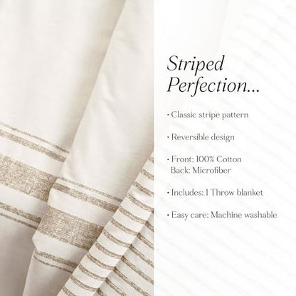 Lush Decor Farmhouse Stripe Reversible Throw, Single, 50" W x 60" L, Neutral - Beige Throw Blanket For Bed - Soft Blanket - Couch Throw - Rustic Farmhouse Decor