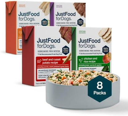 JustFoodForDogs Pantry Fresh Dog Food Variety Pack, Complete Meal or Topper, Beef, Chicken, Turkey, & Lamb Human Grade Recipe - 12.5 oz (Pack of 8)