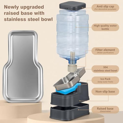 2.2 Gallon Pet Automatic Dog Water Dispenser Cat Gravity Waterer Feeder with Stainless Steel Bowl 8L Large Capacity Puppy Feeding Raised Bowls with Filter,Ice Pack (Charcoal Gray, 8L(2.2 Gallon))