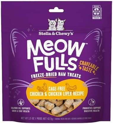 Stella & Chewy's Meowfulls Freeze Dried Cat Treats - Chicken & Chicken Liver Recipe - Raw Protein with Probiotics & Salmon Oil - 1 Calorie Per Treat - 1.5 oz