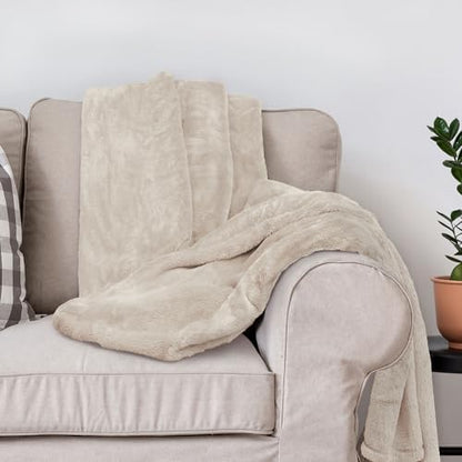 DEZ FURNISHINGS Ultra Soft Plush Fleece Throw Blanket, Double Sided Cozy Thick Warm Blanket for Sofa & Bed, Queen (90" x 92"), Beige