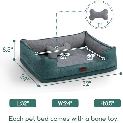 Hollypet Orthopedic Rectangle Dog Bed for Medium Dogs, Supportive Egg-Crate Foam Pet Beds with Removable Washable Waterproof Cover and Non-Slip Bottom, Green, 32" L x 24" W x 8.5" Th