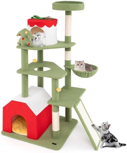 PETSITE 61 inch Cat Christmas Tree, Multi-Level Cat Tower with Sisal Scratching Posts, 2 Cat Condos, Basket Bed, Sisal Covered Ladder, Cute Cat Tree for Indoor Cats