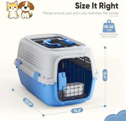 DUMOS 23" Hard-Sided Pet Carrier for Small Pets, 2 Door Cat Carrier - Blue