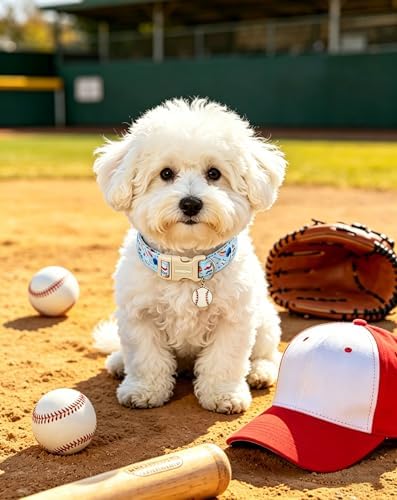 Lionet Paws Light Blue Summer Dog Collar Baseball Collars with Cute Baseballs Pattern Pendant - Female Male Boy Dog Collar for Medium Large Dogs L