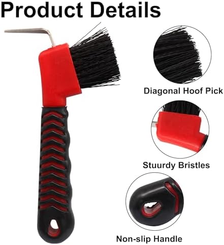 Hoof Pick Brushes, Soft Touch Rubber Handle Portable Hoofpick, Stiff Hoof Pick for Horse Care, Groomers (Red)