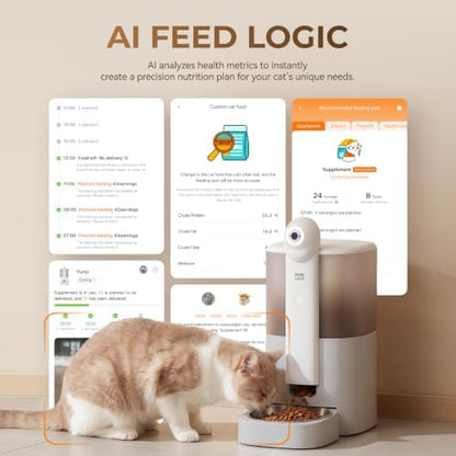 HHOLOVE Yuno AI Smart Automatic Cat Feeder with 2K 360° Camera Auto-Track, AI Health Insights, Two-Way Audio, Night Vision Camera, 2.4G&5G WiFi, Small Dog Feeder, 5L