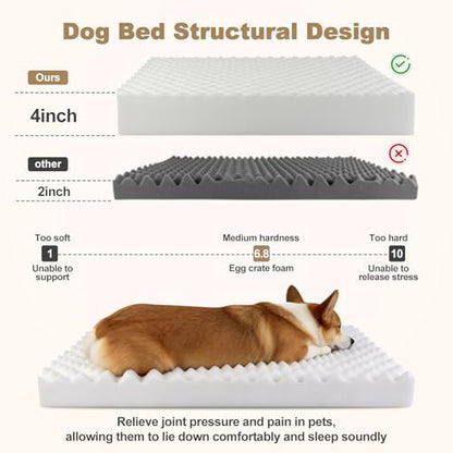 Orthopedic Dog Beds for Big Dogs, Fluffy Faux Rabbit Fur Pet Bed with Removable Washable Cover, Dog Bed Mat with Egg Crate Foam & Waterproof Lining, Anti Slip Bottom, Light Khaki,52"x36"x4"