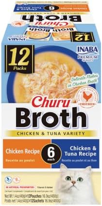 INABA Churu Broth for Cats, Side Dish Pouch, 1.4 Ounces per Pouch, 12 Pouches, Chicken and Tuna Variety