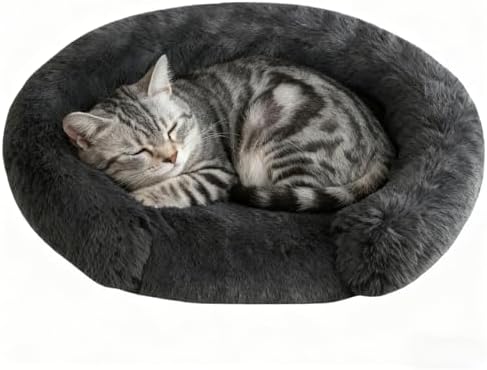 Calming Dog & Cat Beds with Orthopedic Egg-Crate Foam Raised Rim, Soft Fluffy Faux Fur Pet Bed for Small Medium Dogs, Anxiety Relief Spine Support, Machine Washable (Round, Dark Grey 20")