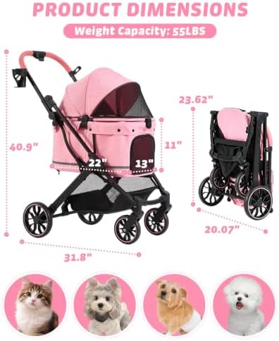 HITTITE Pet Stroller with Weatherproof Cover, All-Terrain 4-Wheel Cat & Dog Stroller with Adjustable Canopy, Foldable Dog Strollers with Storage Basket for Small to Medium Dogs Up to 55 lbs.