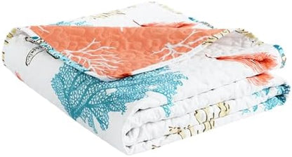 Lush Decor Coastal Reef Feather Reversible Throw Blanket, 50" W x 60" L, Blue & Coral - Throw Blankets for Bed - Couch Blanket - Coastal Throw Blanket for Couch