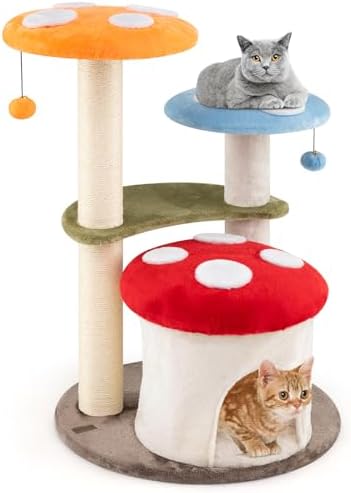 PETSITE Mushroom Cat Tree, Multi-Level Cute Cat Tree Tower with Sisal Scratching Posts, Cat Condo, Soft Plush Perches, and Dangling Toys for Indoor Cats (35 Inch)