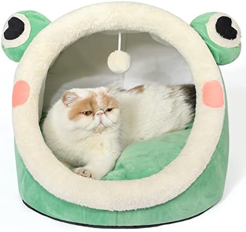 Jiupety Cute Cat Bed, Indoor Lovely Velvet Igloo for Cat and Small Dog, Warm Cave Sleeping Nest Bed for Puppy and Kitten, Green Frog, L