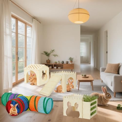 Extra Large Rabbit Hideout, Wooden Bunny Castle with Tunnel and Stair, Rabbit House Tower with Hay Feeder Sturdy Habitat for Guinea Pig Chinchilla Ferret Hamster