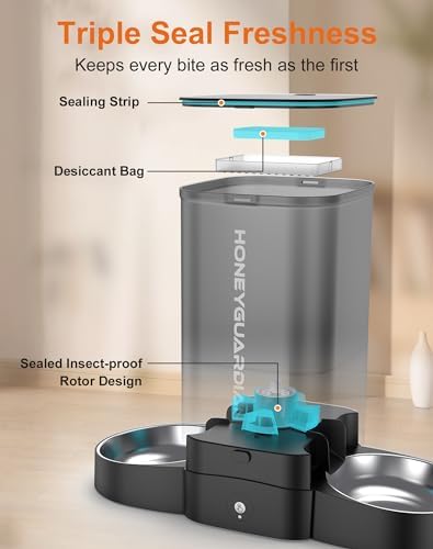 HoneyGuaridan 5L Automatic Cat Feeder for Two Cats, 2.4/5G WiFi Smart Feed Pet Feeder with Stainless Steel Bowl,APP Control Dispenser, Dual Power Supply,Desiccant Bag,10s Meal Call Black