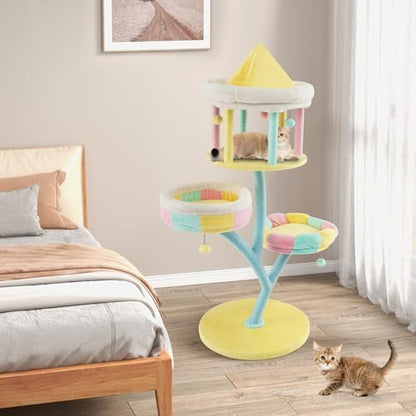 Tangkula Tall Cat Tree, 57.5 Inch Amusement Park Style Cute Cat Tower with Top Open Condo, 2 Perches, Scratching Posts & Dangling Balls, Aesthetic Cat Tree Tower for Indoor Cats Large Adult