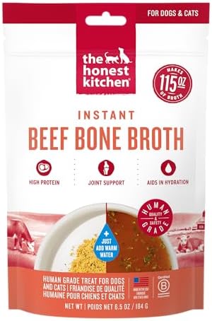 The Honest Kitchen Instant Beef Bone Broth for Dogs & Cats with Turmeric, Human Grade Pet Food, Hydration Supplement, Digestive & Joint Support, Meal Topper, Treat or Enrichment, 6.5 oz Makes 115 oz